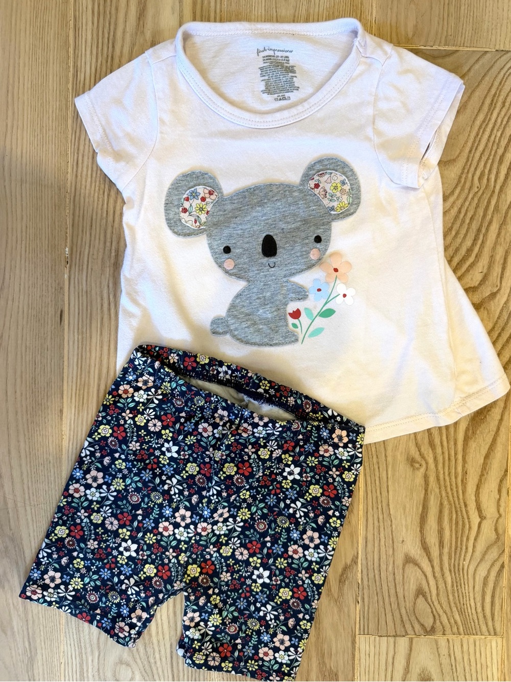 First Impressions White Koala Tee & Navy Floral Shorts Pajama Set